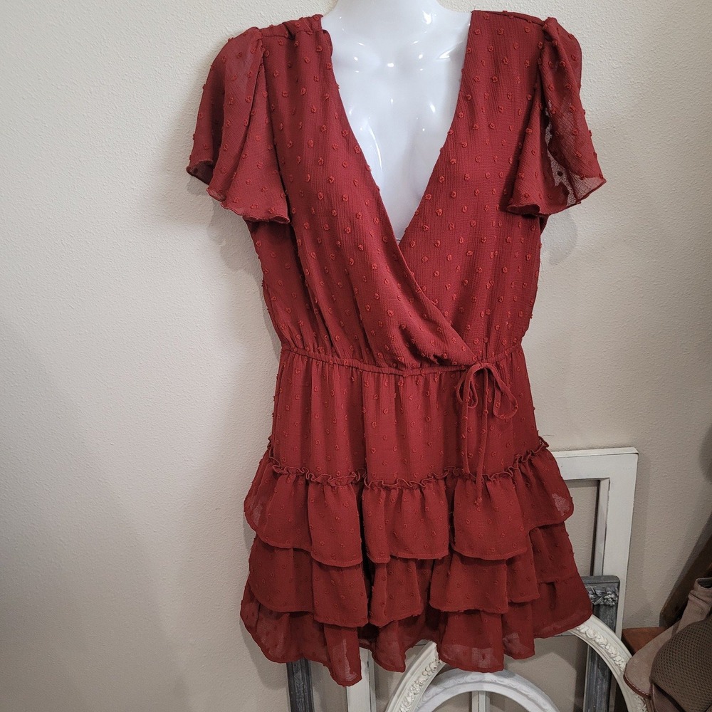 City Studio Women's SZ M surplice rust flutter sleeve ruffle tier mini dress